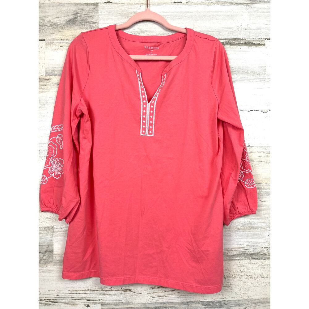 Talbots Womens M Pink Coral Embroidered Floral Balloon Sleeve Cotton Blouse Top - Picture 1 of 5
